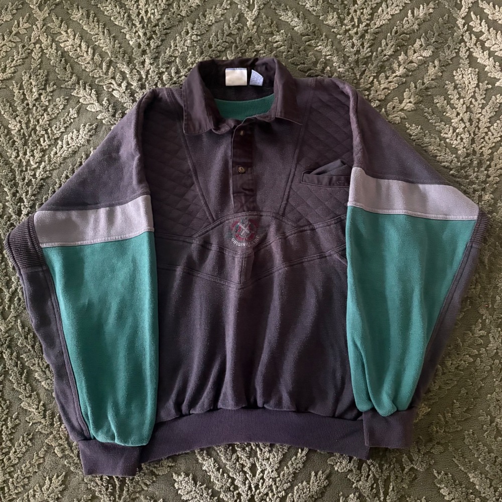 Vintage  Colorblock Quilted Polo Sweatshirt Purple Teal Mens Large